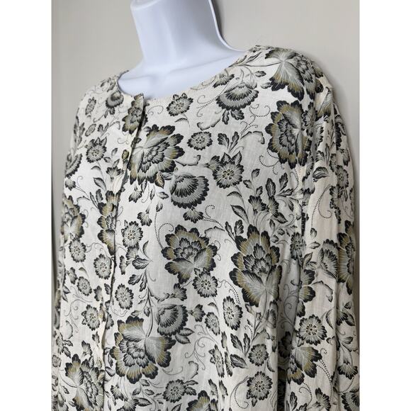 Tahari Womens Linen Tunic Top 2X Gray Black Floral Button Front Roll Tab Flowy - Picture 2 of 16